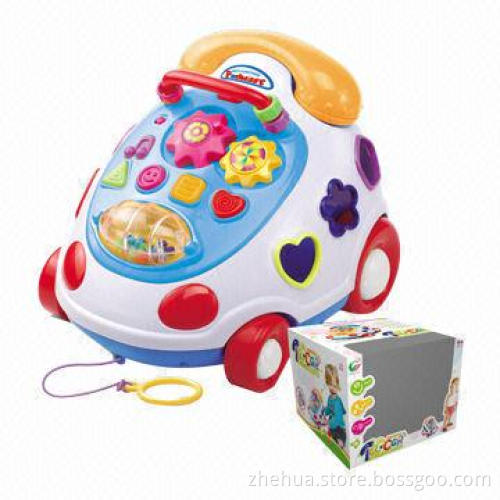 Kids' musical instrument pull line music phone car with blocks